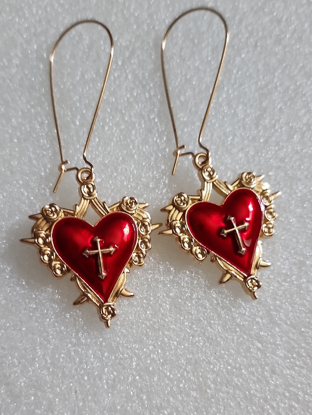Hand Crafted Gold Sacred Heart Earrings with Red Enamel